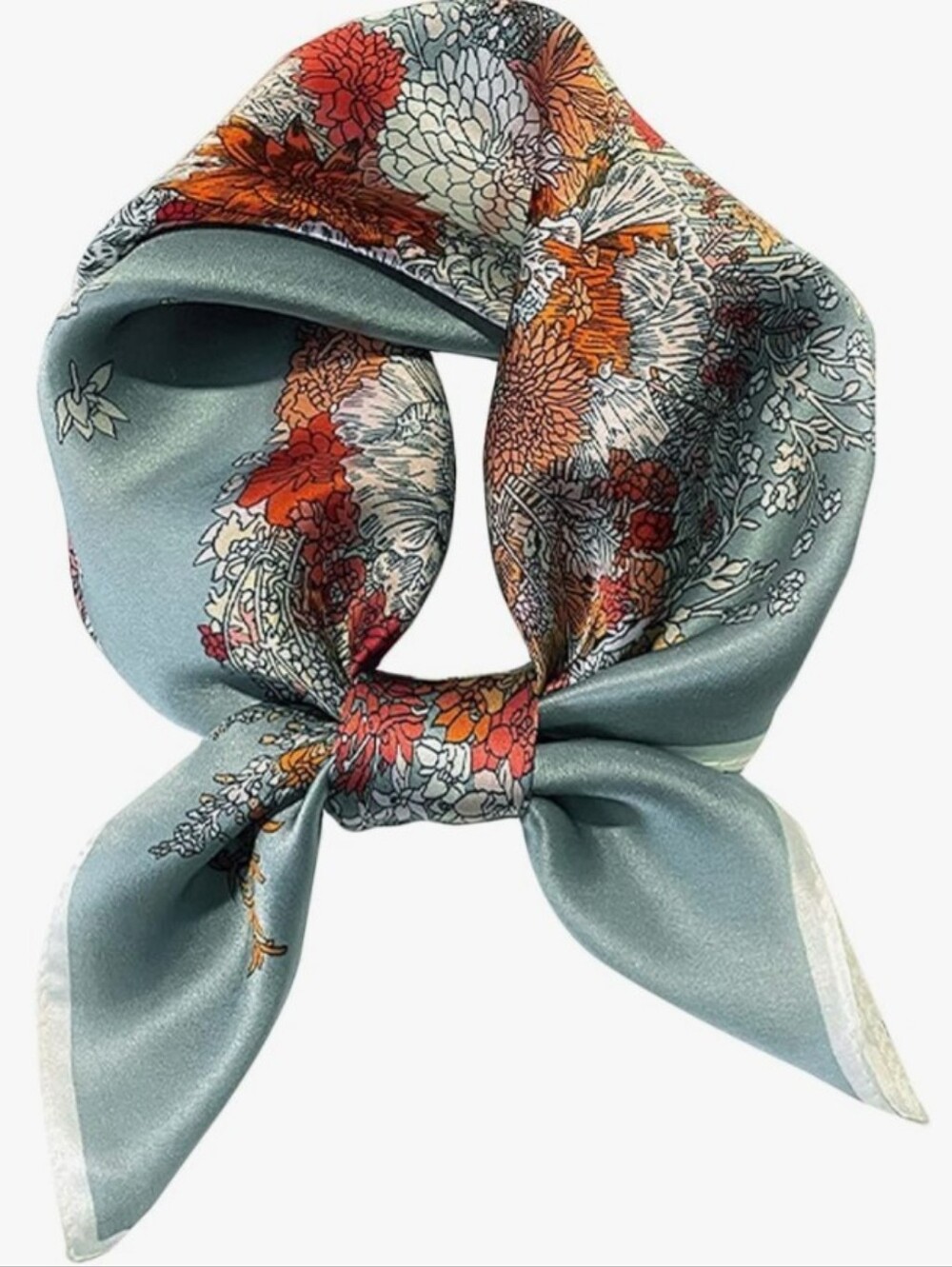 Silk-Feel Blue Orange Floral Art Print Neck Scarf 27.5'